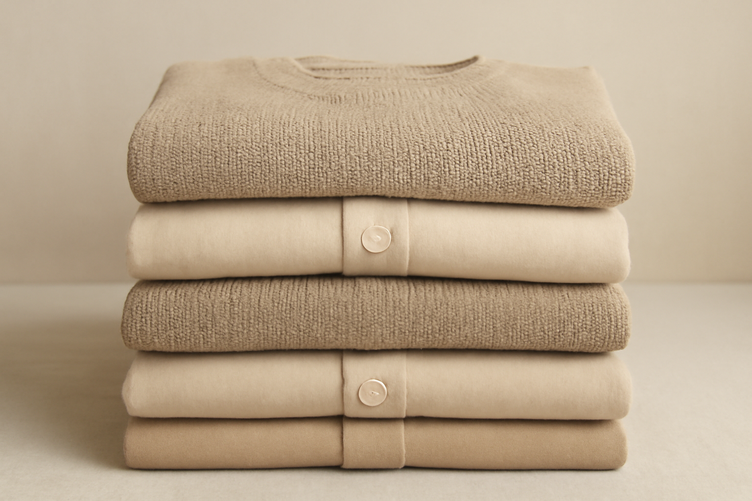 pulls et chemises en tons neutres plies