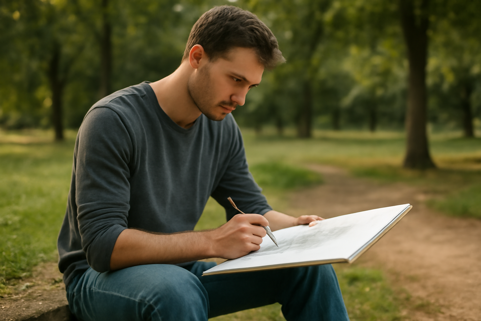 personne en tenue décontractée dessinant en plein air