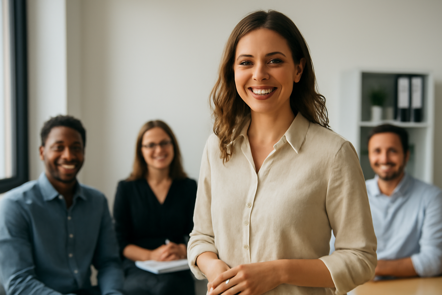 tendancemagasin-tenue-confiance-au-travail personne debout souriante devant collègues