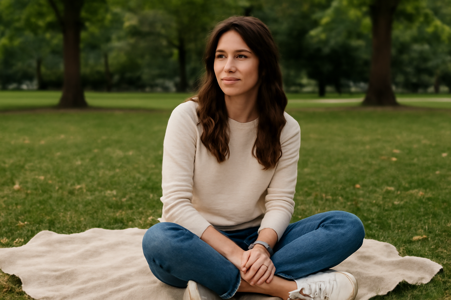 tendancemagasin-tenue-pique-nique-printanier femme assise sur une couverture dans un parc