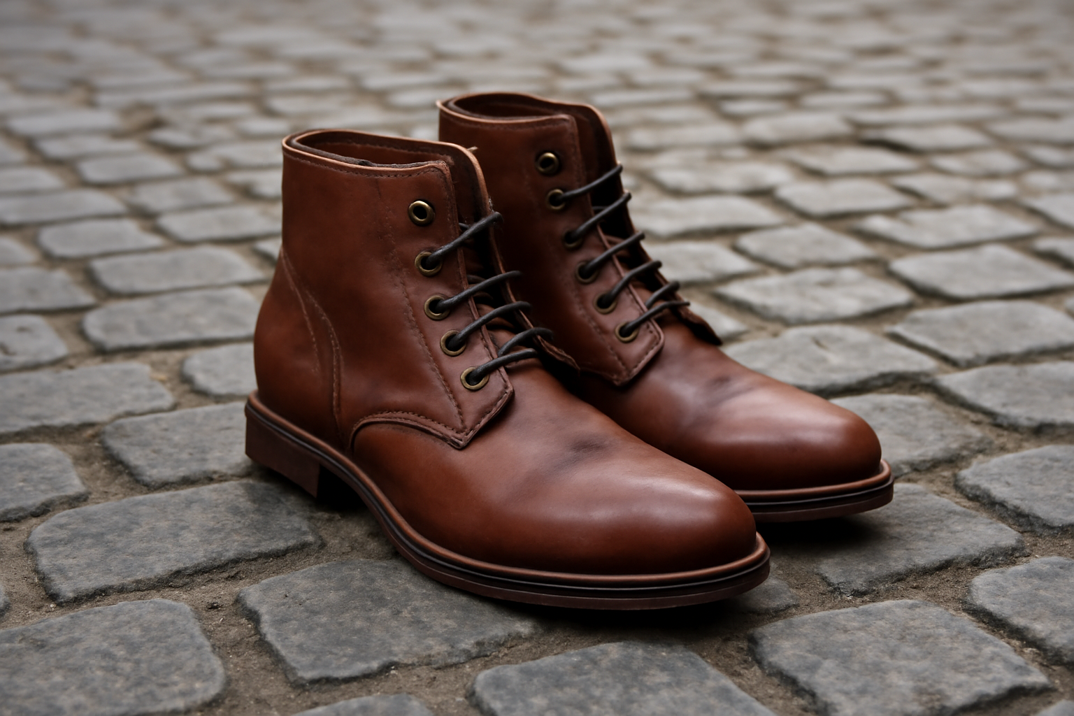 paire de bottines posée sur pavé urbain