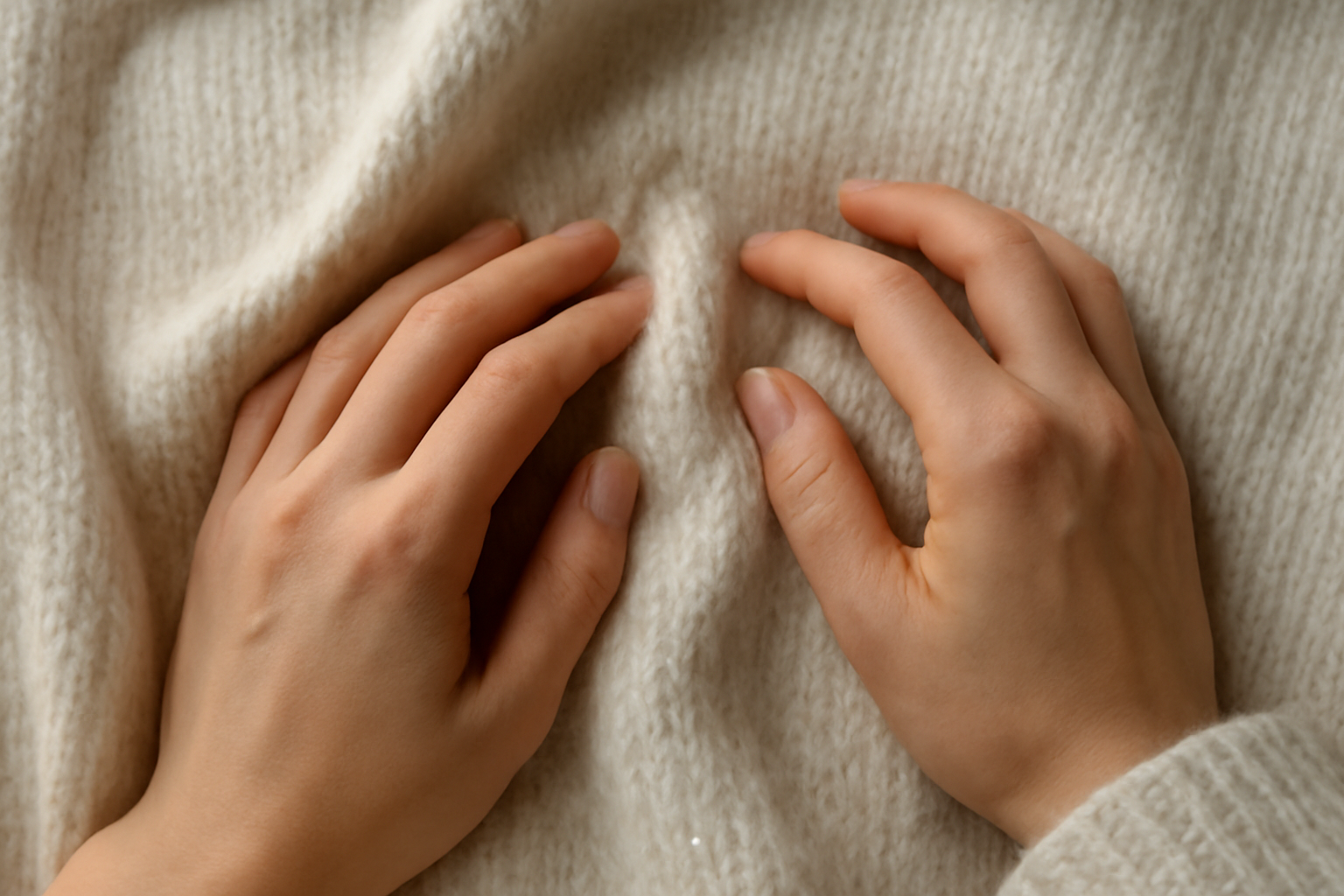 tendancemagasin-tissage-pull-non-gratte mains touchant un pull en maille douce