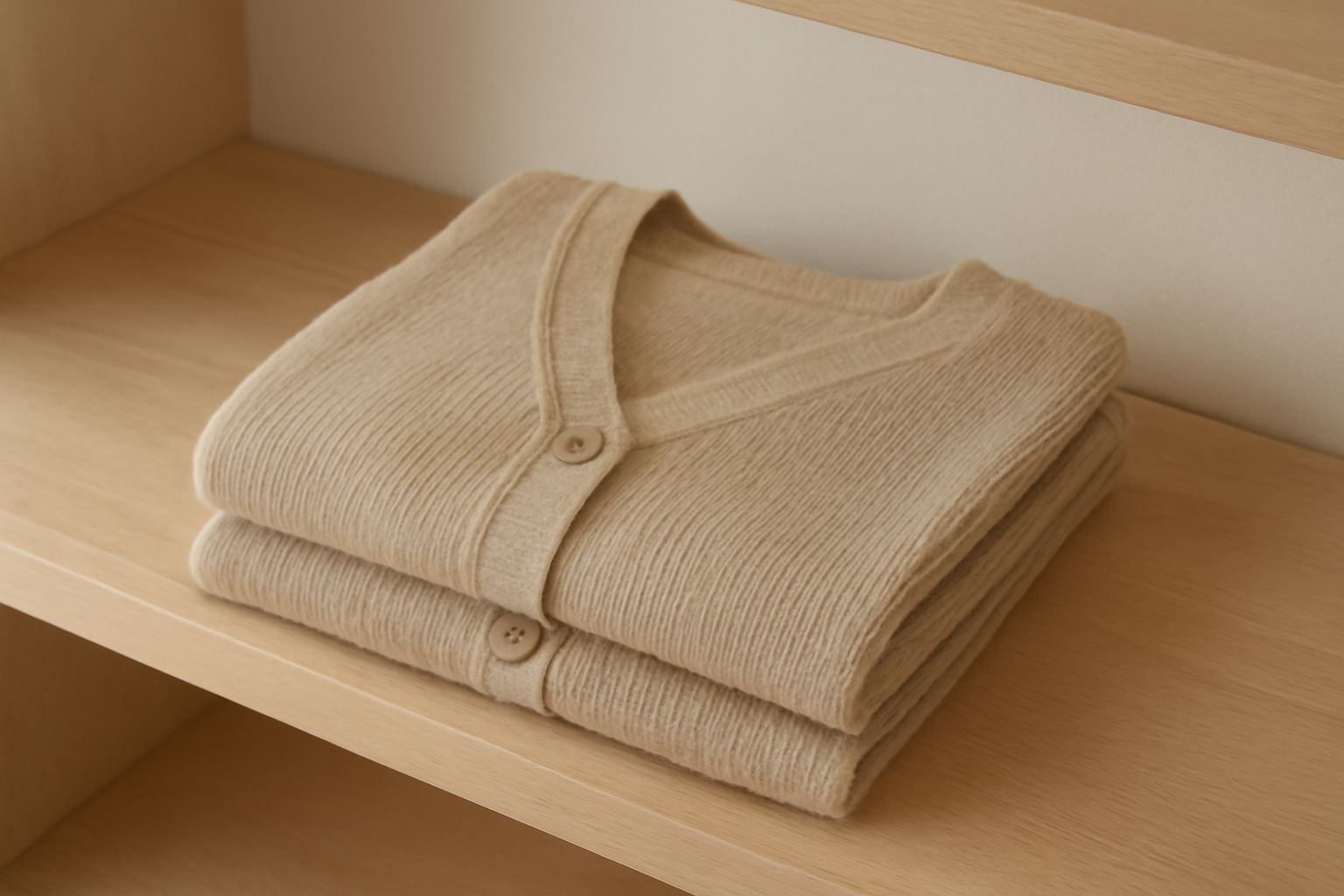 gilet plie sur une etagere en bois clair