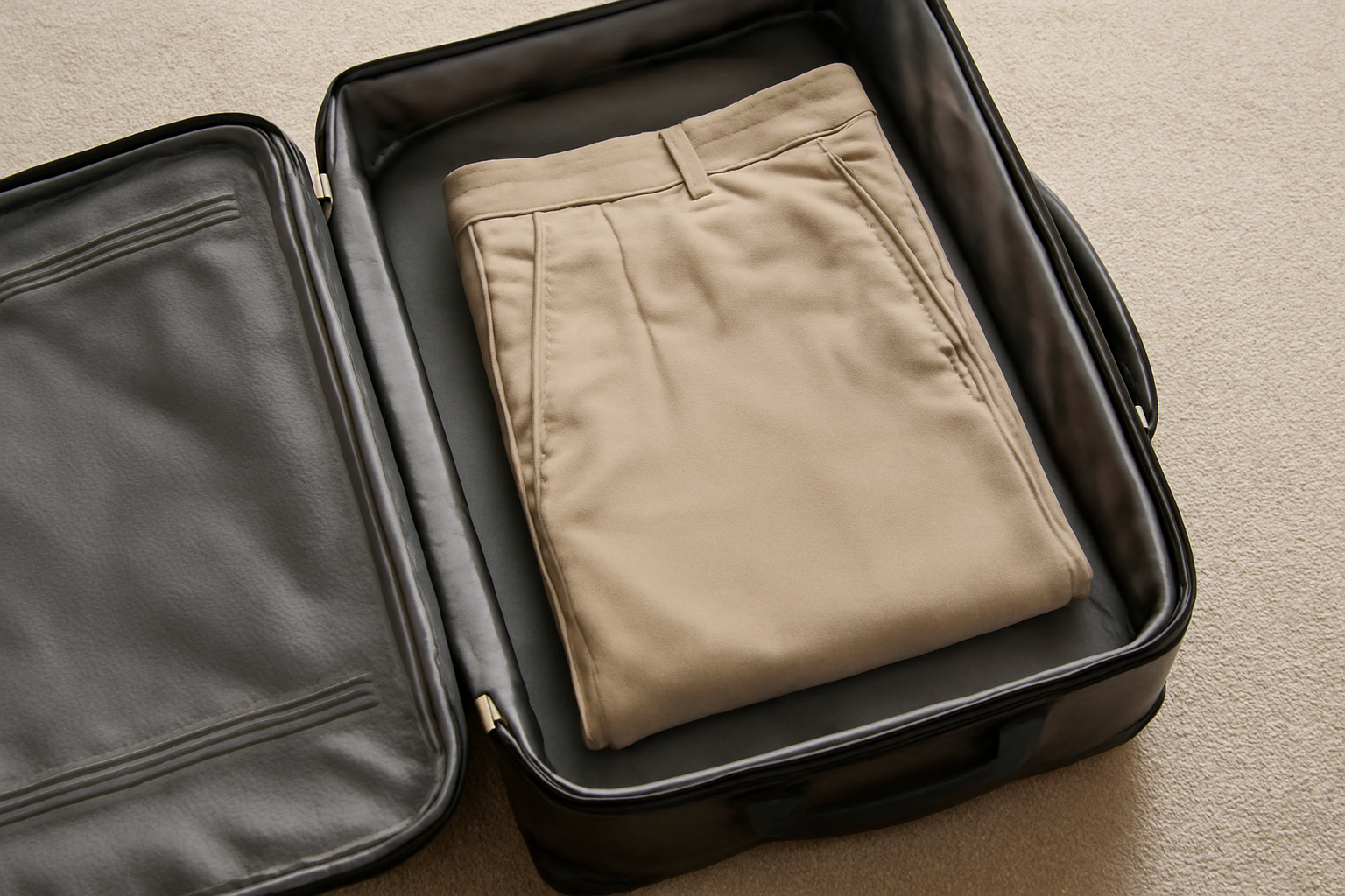 pantalon plié propre dans une valise ouverte