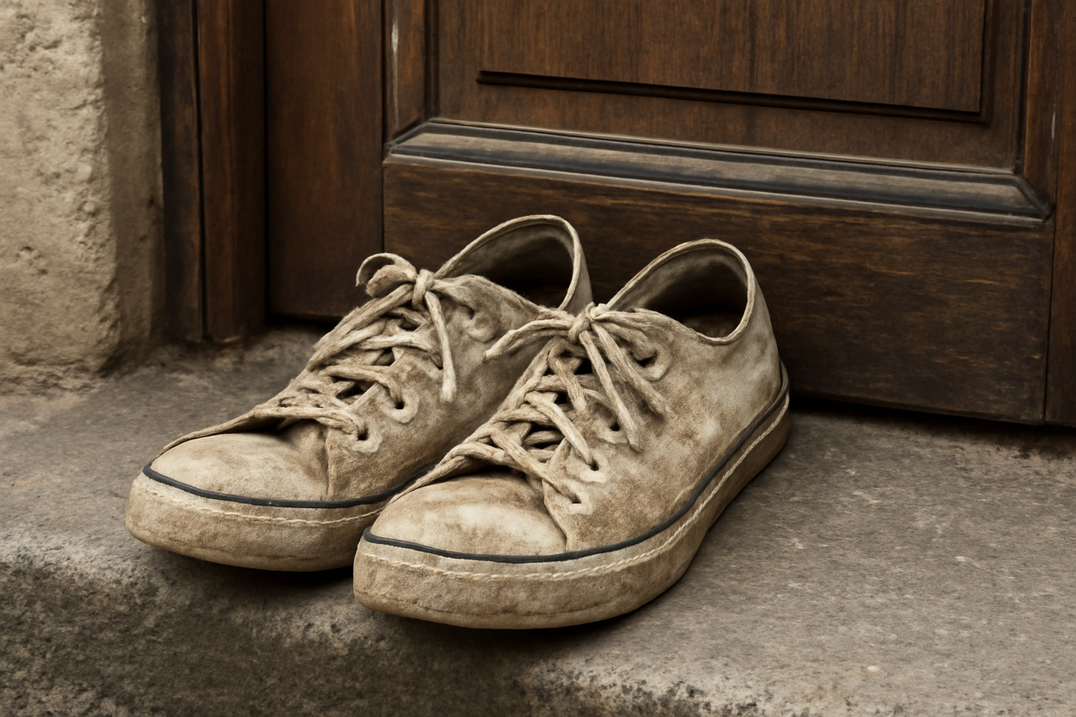 tendancemagasin-usure-sneakers-raison paire de baskets usées posée près d'une porte