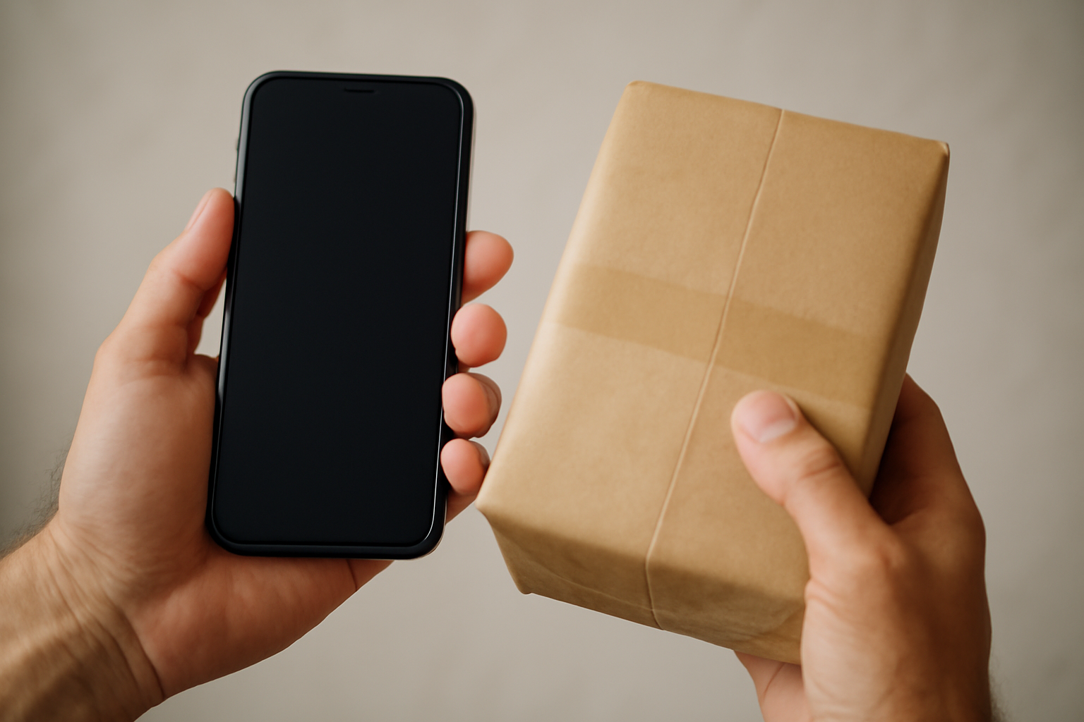 tendancemagasin-verifier-achat-en-ligne main tenant un smartphone et un paquet