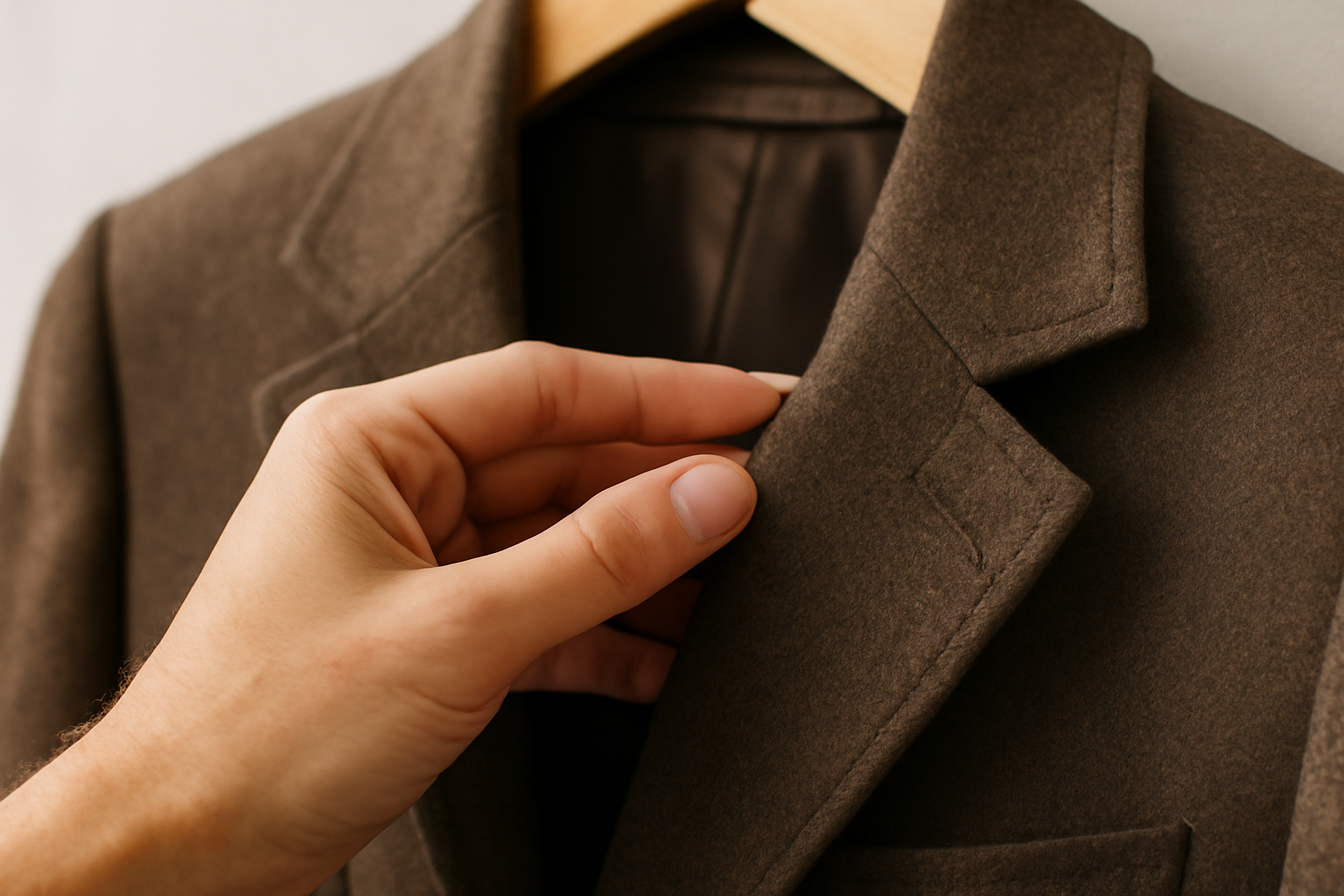 tendancemagasin-verifier-veste-seconde-main main examinant couture d'une veste suspendue