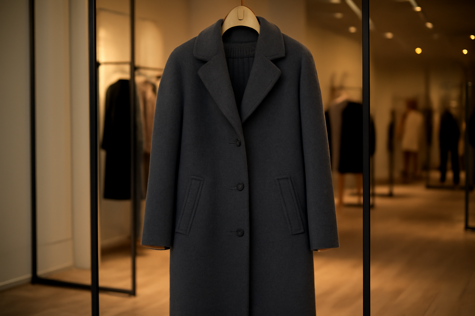 manteau long suspendu dans une boutique chic